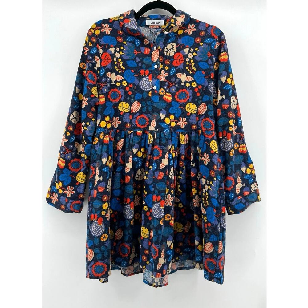 Cholian | Women's Collared Babydoll Cotton Whimsical Blouse Size L